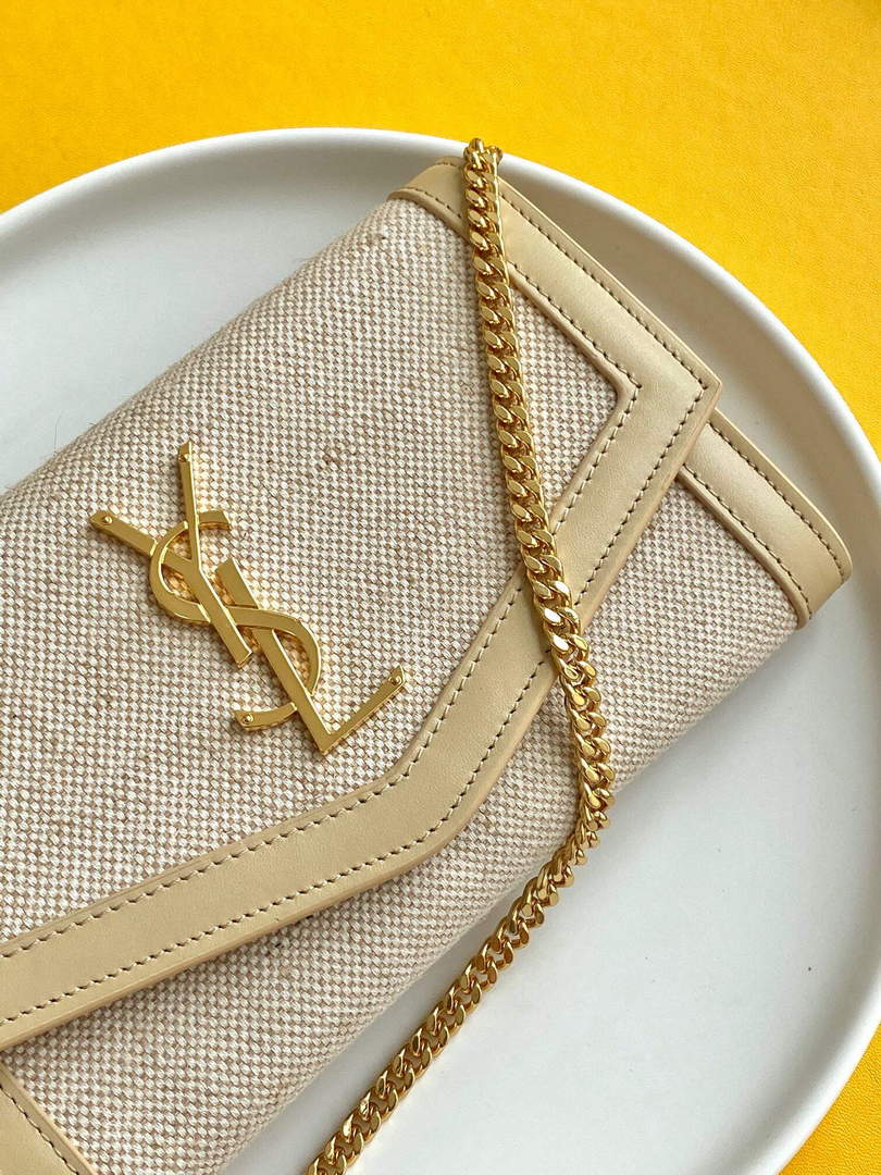 YSL 607788 Yves Saint Laurent Uptown Chain Wallet In Micro Raffia Apricot