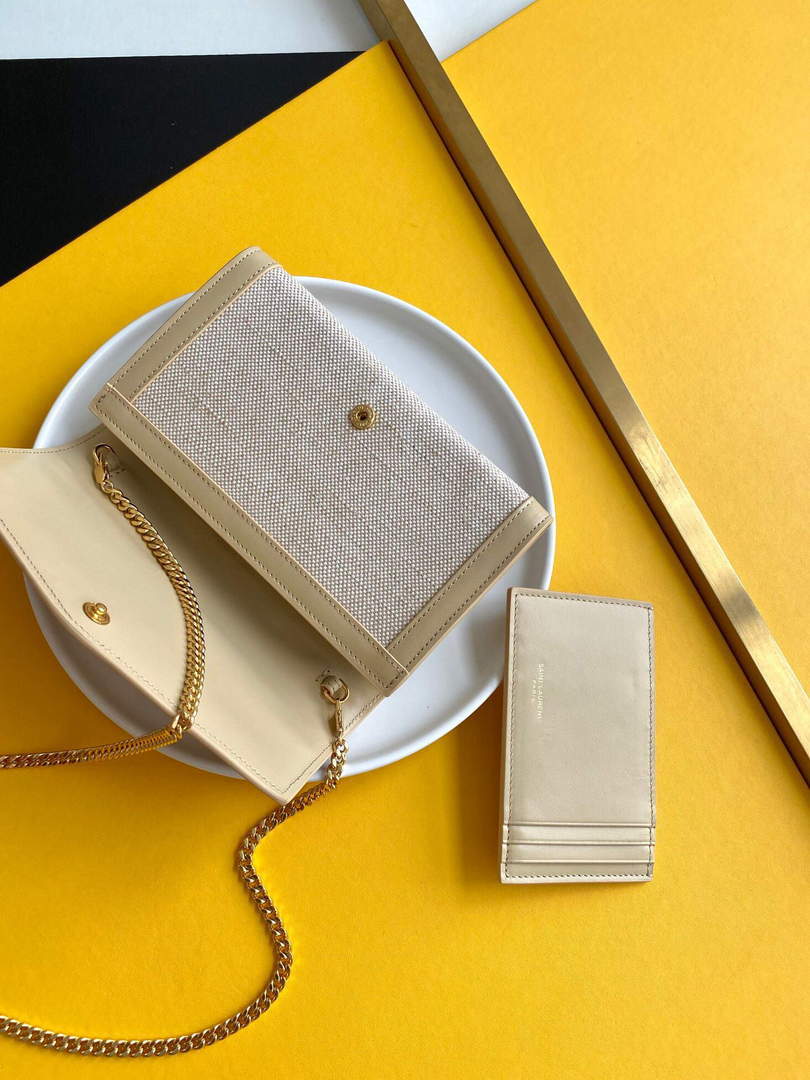 YSL 607788 Yves Saint Laurent Uptown Chain Wallet In Micro Raffia Apricot
