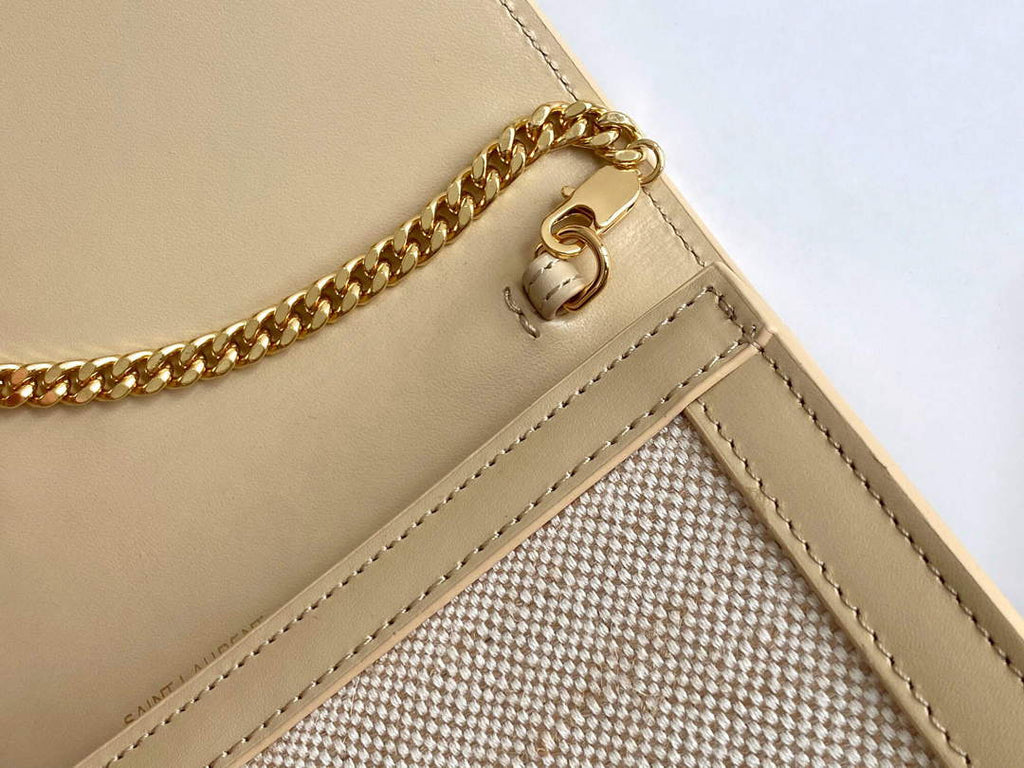 YSL 607788 Yves Saint Laurent Uptown Chain Wallet In Micro Raffia Apricot