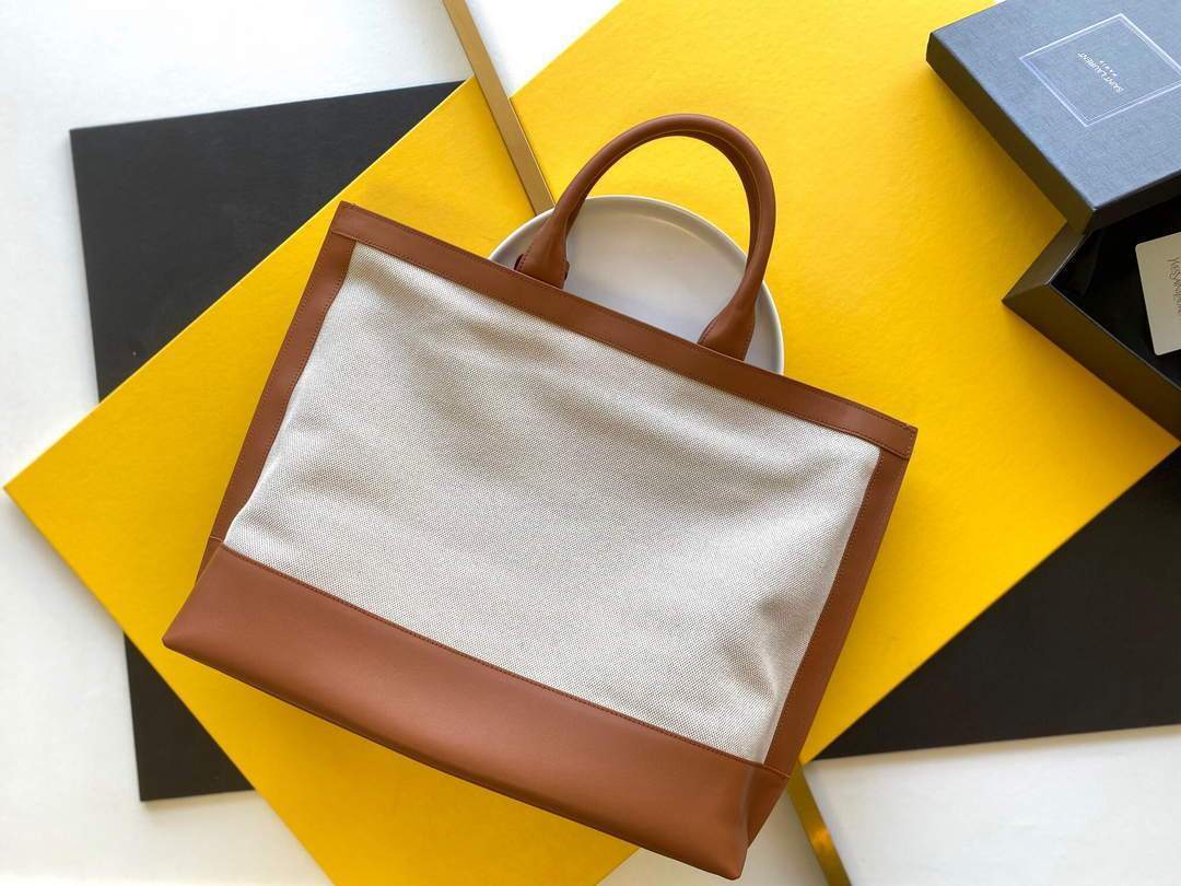 YSL 619757 Tag Canvas And Leather Shopping Bag Tan