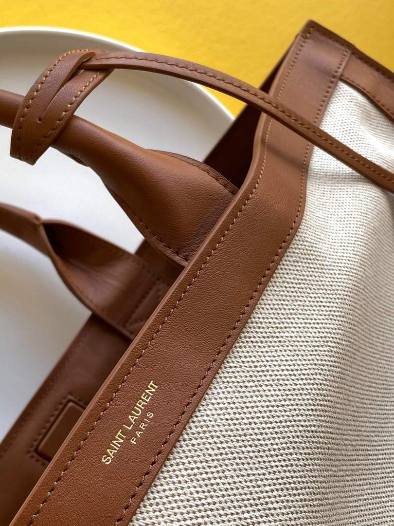 YSL 619757 Tag Canvas And Leather Shopping Bag Tan