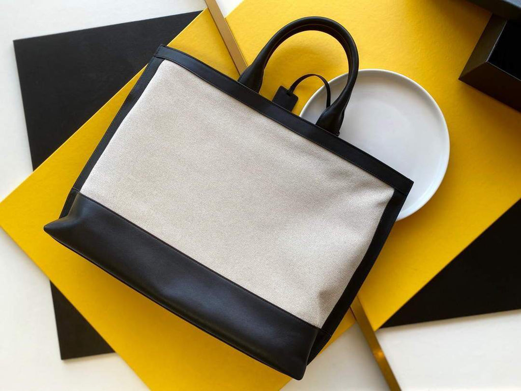 YSL 619757 Tag Canvas And Leather Shopping Bag Black