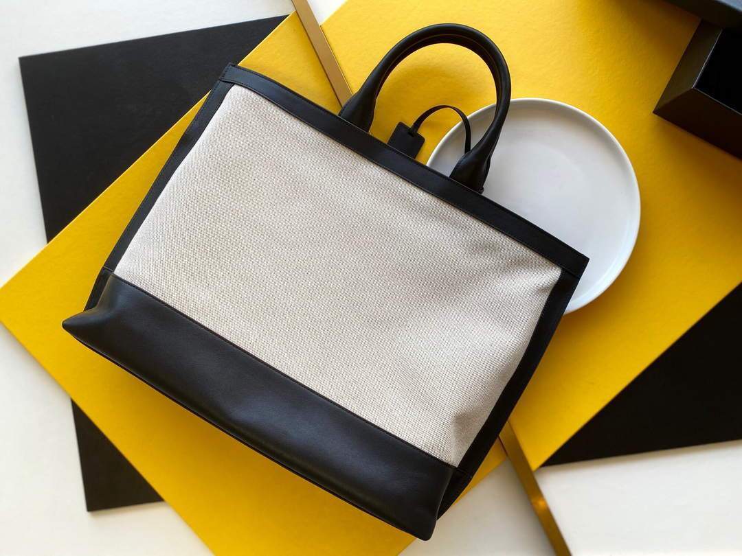 YSL 619757 Tag Canvas And Leather Shopping Bag Black