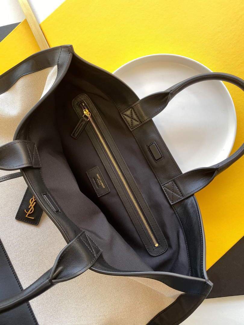 YSL 619757 Tag Canvas And Leather Shopping Bag Black