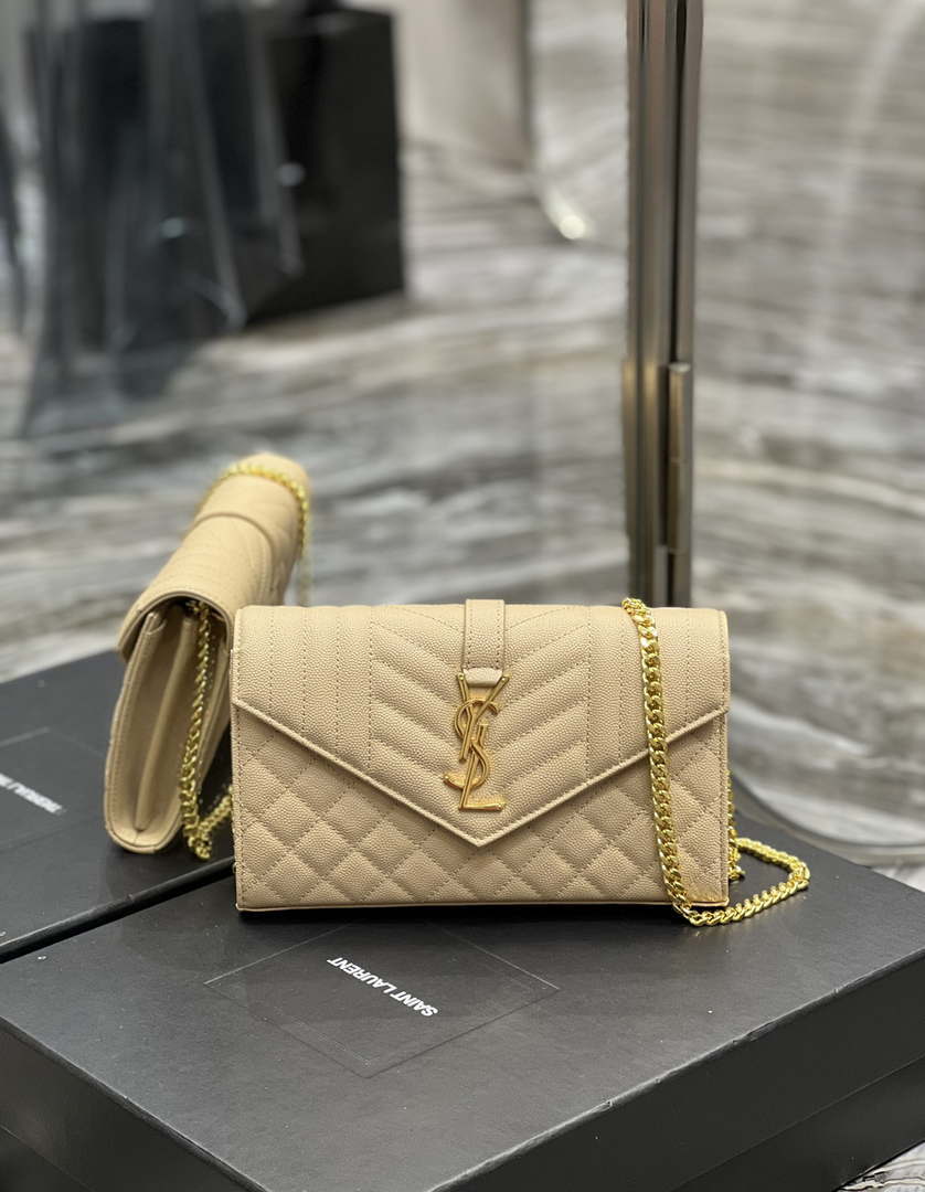 YSL 620280 Envelope Chain Wallet In Mix Matelass¨¦ Grain De Poudre Embossed Leather Apricot