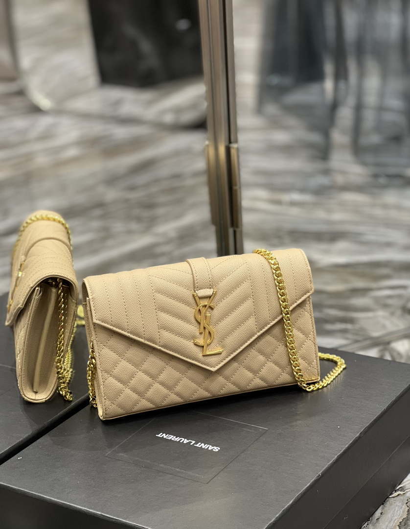 YSL 620280 Envelope Chain Wallet In Mix Matelass¨¦ Grain De Poudre Embossed Leather Apricot