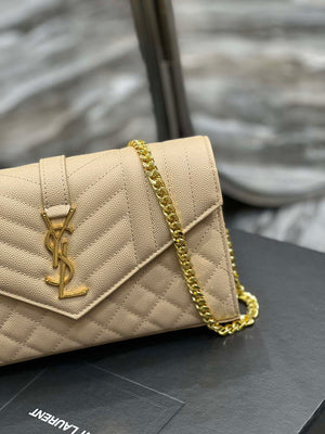 YSL 620280 Envelope Chain Wallet In Mix Matelass¨¦ Grain De Poudre Embossed Leather Apricot - Default Title - View 3