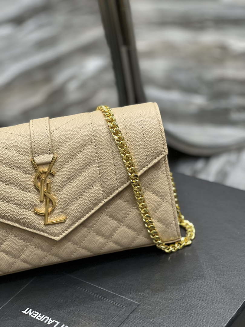 YSL 620280 Envelope Chain Wallet In Mix Matelass¨¦ Grain De Poudre Embossed Leather Apricot