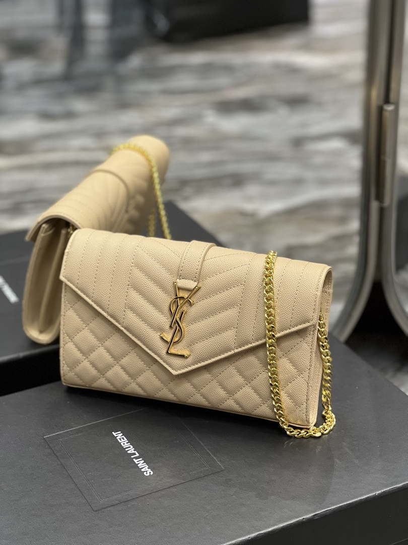 YSL 620280 Envelope Chain Wallet In Mix Matelass¨¦ Grain De Poudre Embossed Leather Apricot