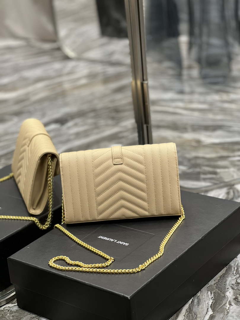 YSL 620280 Envelope Chain Wallet In Mix Matelass¨¦ Grain De Poudre Embossed Leather Apricot