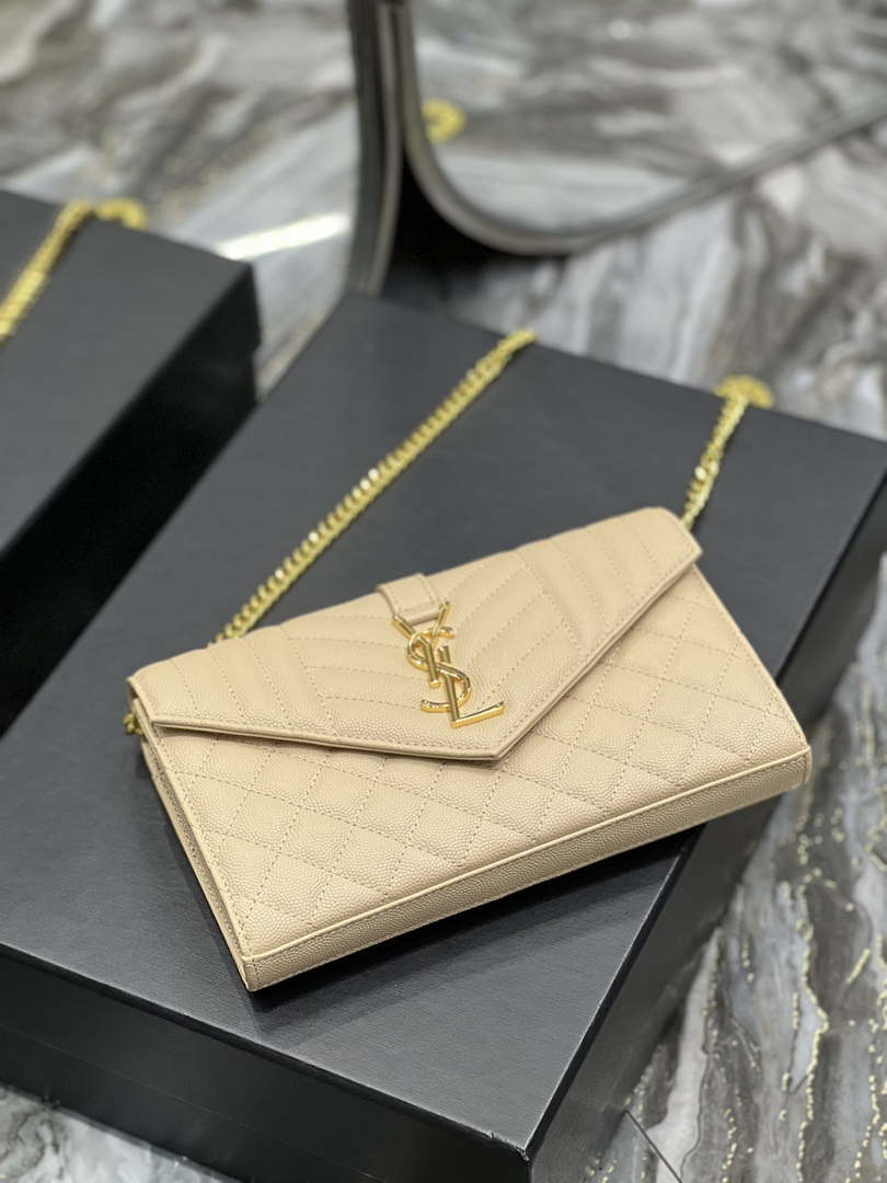 YSL 620280 Envelope Chain Wallet In Mix Matelass¨¦ Grain De Poudre Embossed Leather Apricot