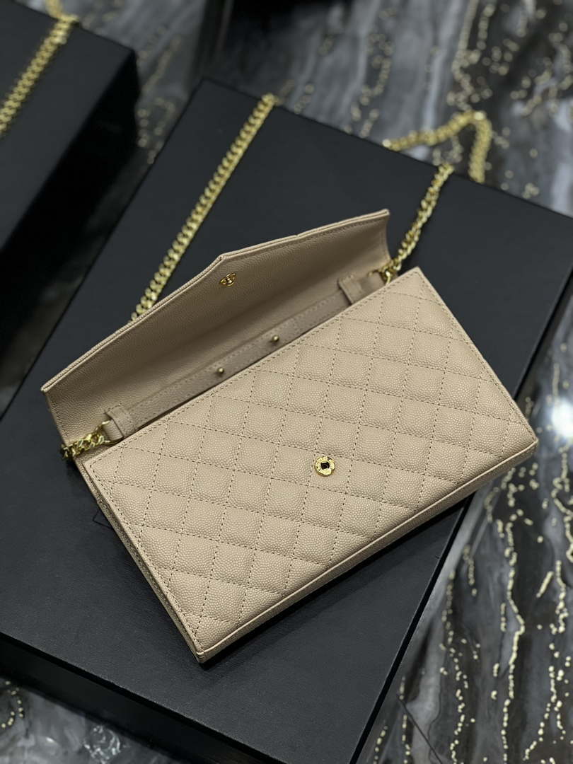 YSL 620280 Envelope Chain Wallet In Mix Matelass¨¦ Grain De Poudre Embossed Leather Apricot