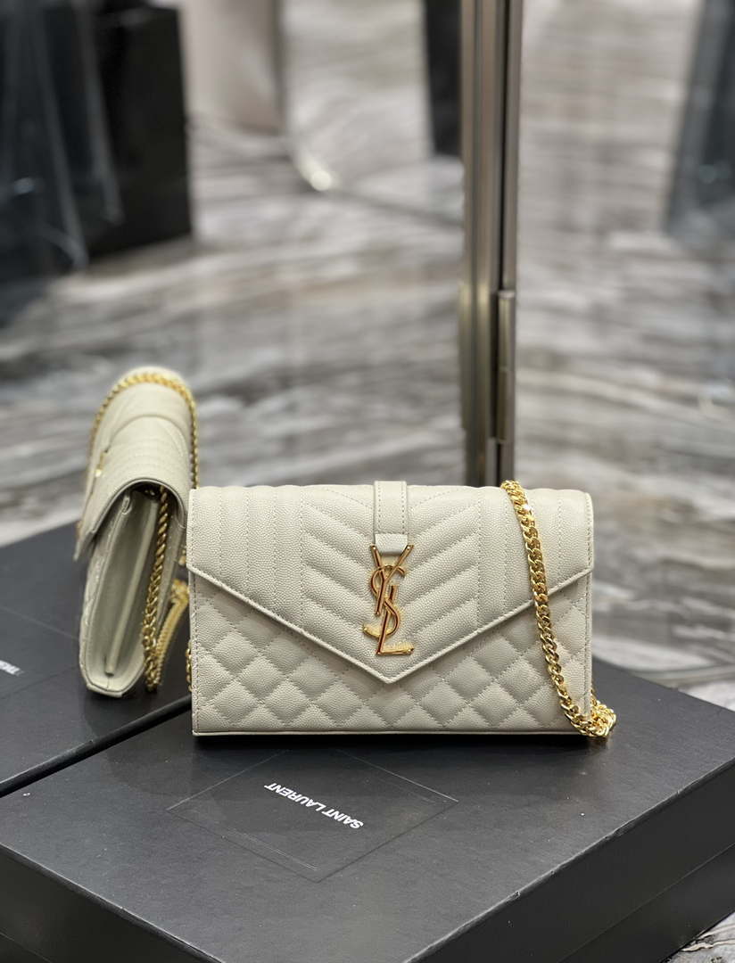 YSL 620280 Envelope Chain Wallet In Mix Matelass¨¦ Grain De Poudre Embossed Leather Beige