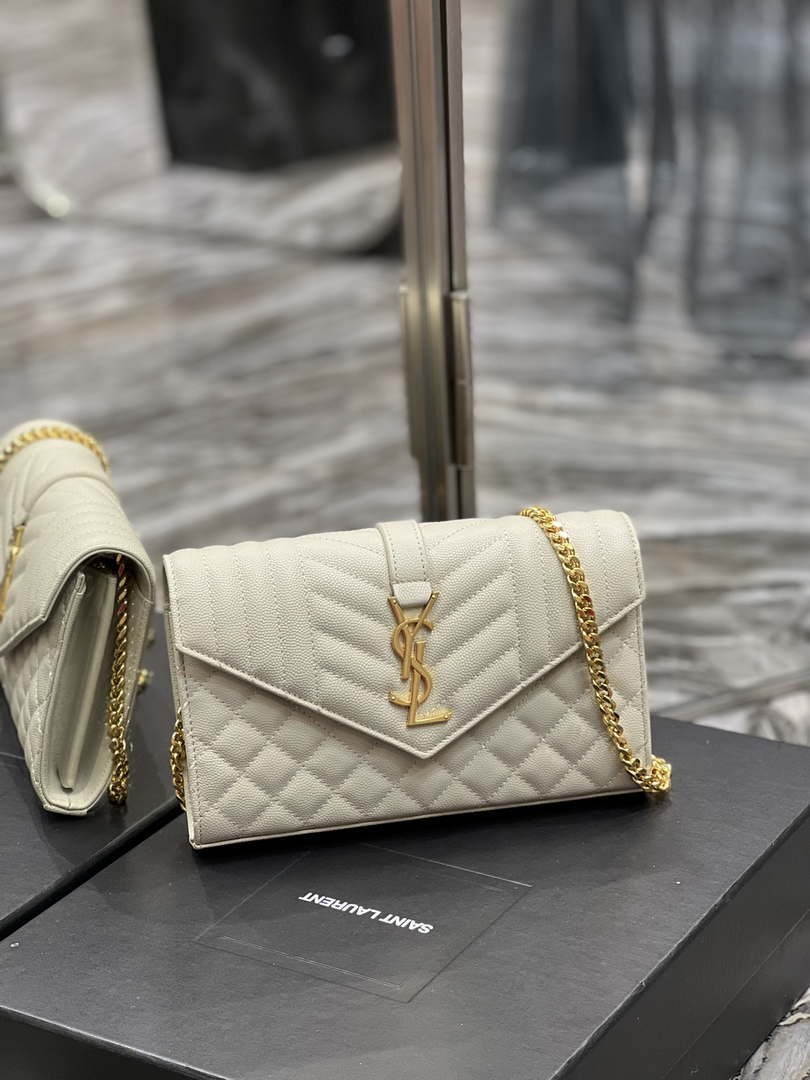 YSL 620280 Envelope Chain Wallet In Mix Matelass¨¦ Grain De Poudre Embossed Leather Beige