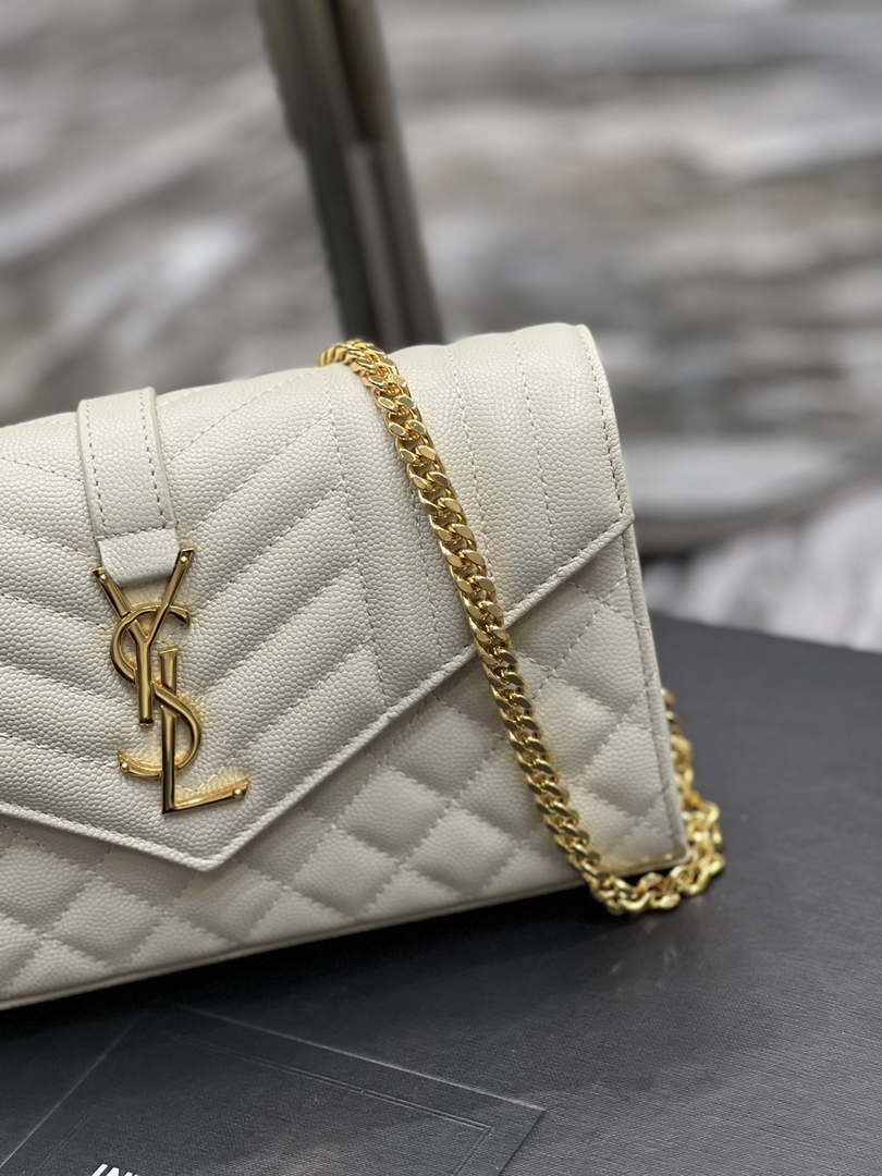 YSL 620280 Envelope Chain Wallet In Mix Matelass¨¦ Grain De Poudre Embossed Leather Beige