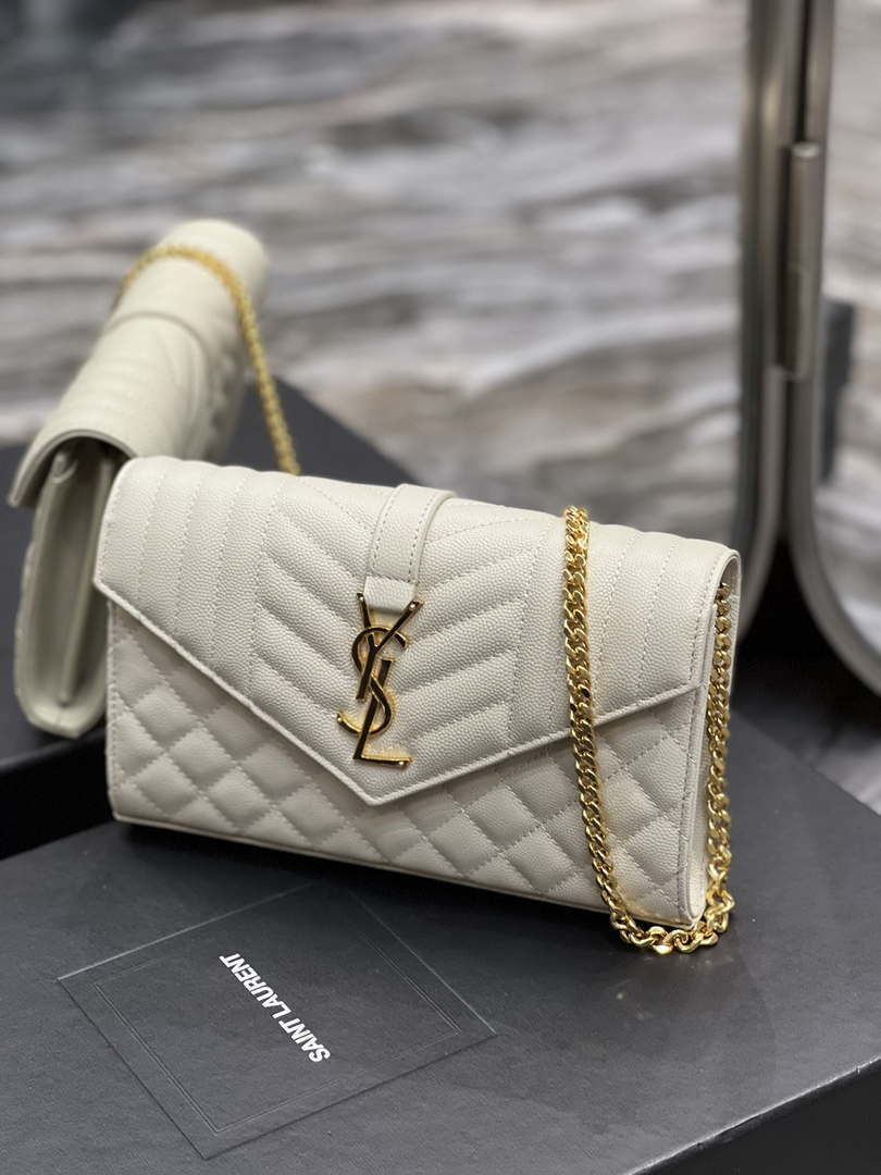YSL 620280 Envelope Chain Wallet In Mix Matelass¨¦ Grain De Poudre Embossed Leather Beige