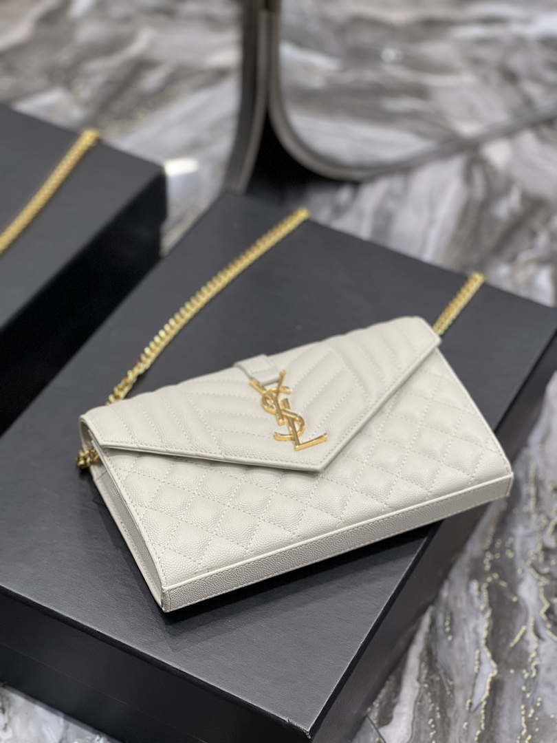 YSL 620280 Envelope Chain Wallet In Mix Matelass¨¦ Grain De Poudre Embossed Leather Beige