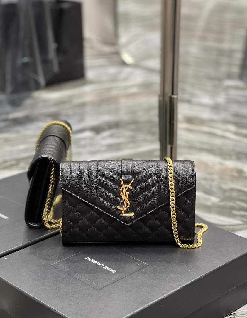 YSL 620280 Envelope Chain Wallet In Mix Matelass¨¦ Grain De Poudre Embossed Leather Black