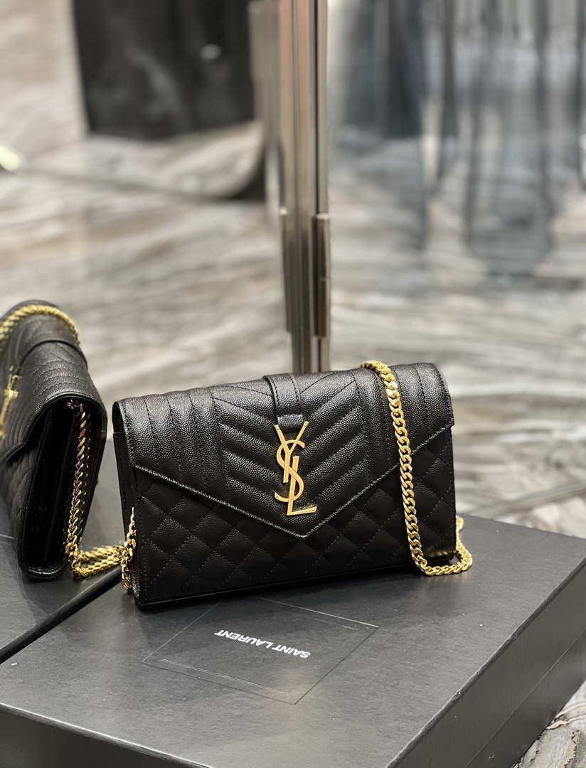 YSL 620280 Envelope Chain Wallet In Mix Matelass¨¦ Grain De Poudre Embossed Leather Black