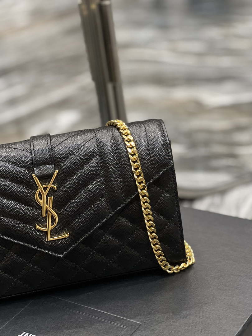 YSL 620280 Envelope Chain Wallet In Mix Matelass¨¦ Grain De Poudre Embossed Leather Black
