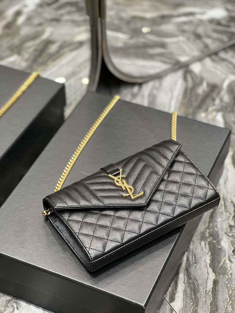 YSL 620280 Envelope Chain Wallet In Mix Matelass¨¦ Grain De Poudre Embossed Leather Black