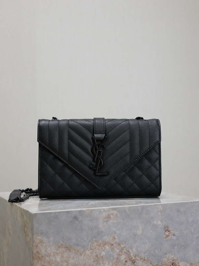 YSL 620280 Envelope Chain Wallet In Mix Matelass¨¦ Grain De Poudre Embossed Leather Black with Black Hardward