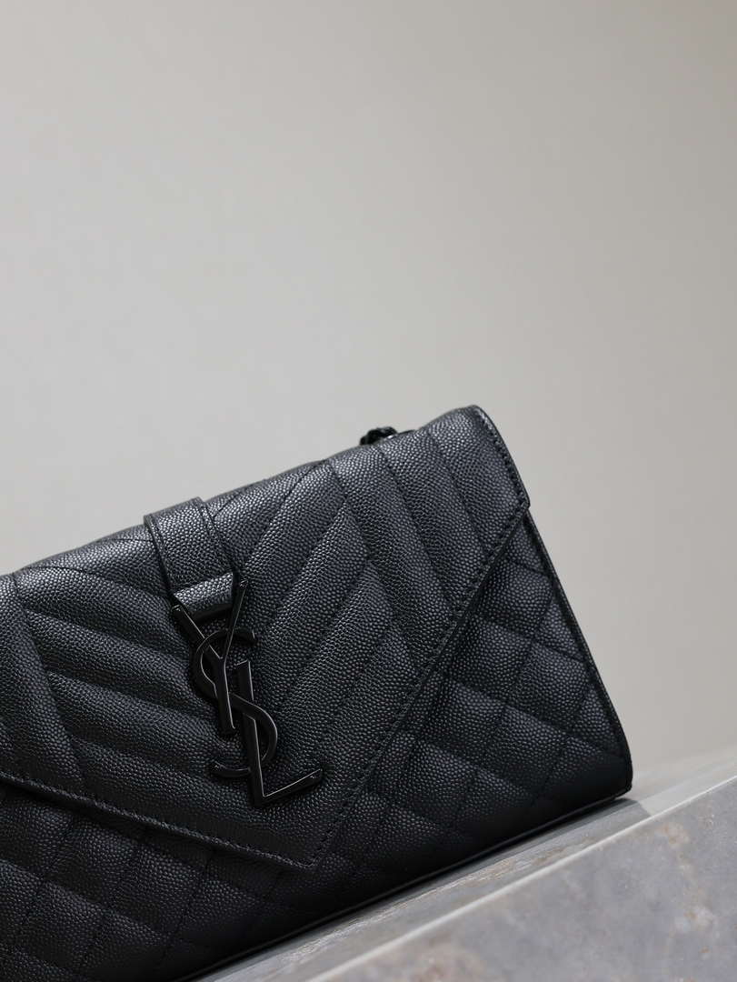 YSL 620280 Envelope Chain Wallet In Mix Matelass¨¦ Grain De Poudre Embossed Leather Black with Black Hardward