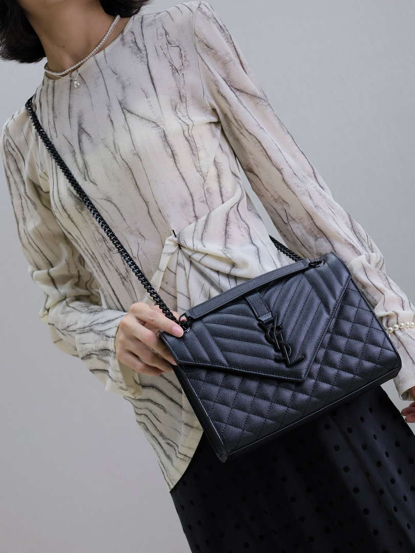 YSL 620280 Envelope Chain Wallet In Mix Matelass¨¦ Grain De Poudre Embossed Leather Black with Black Hardward