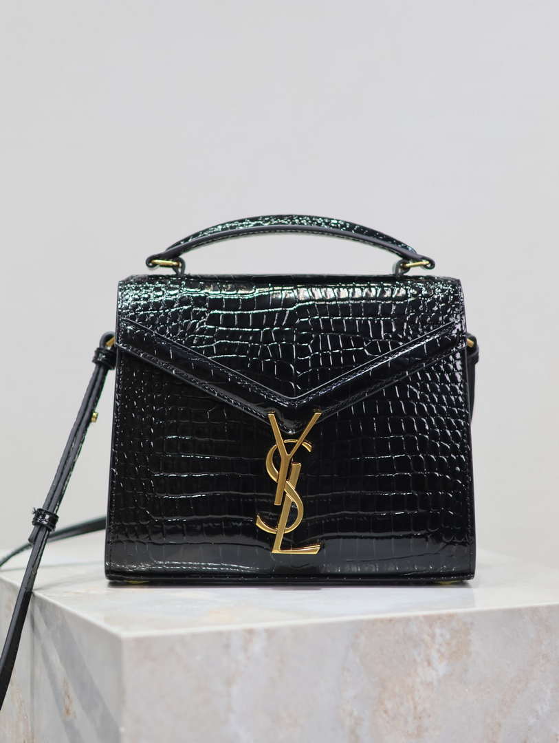YSL 623930 Cassandra Mini Top Handle Bag In Crocodile pattern Leather Black