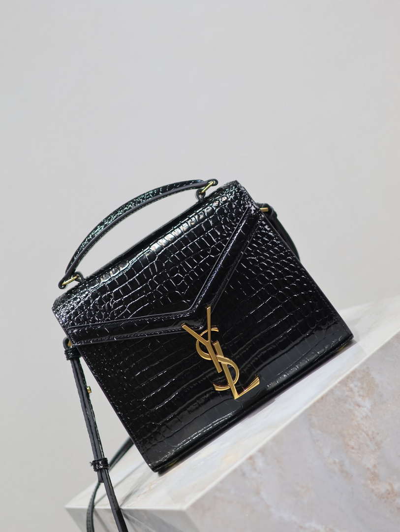 YSL 623930 Cassandra Mini Top Handle Bag In Crocodile pattern Leather Black