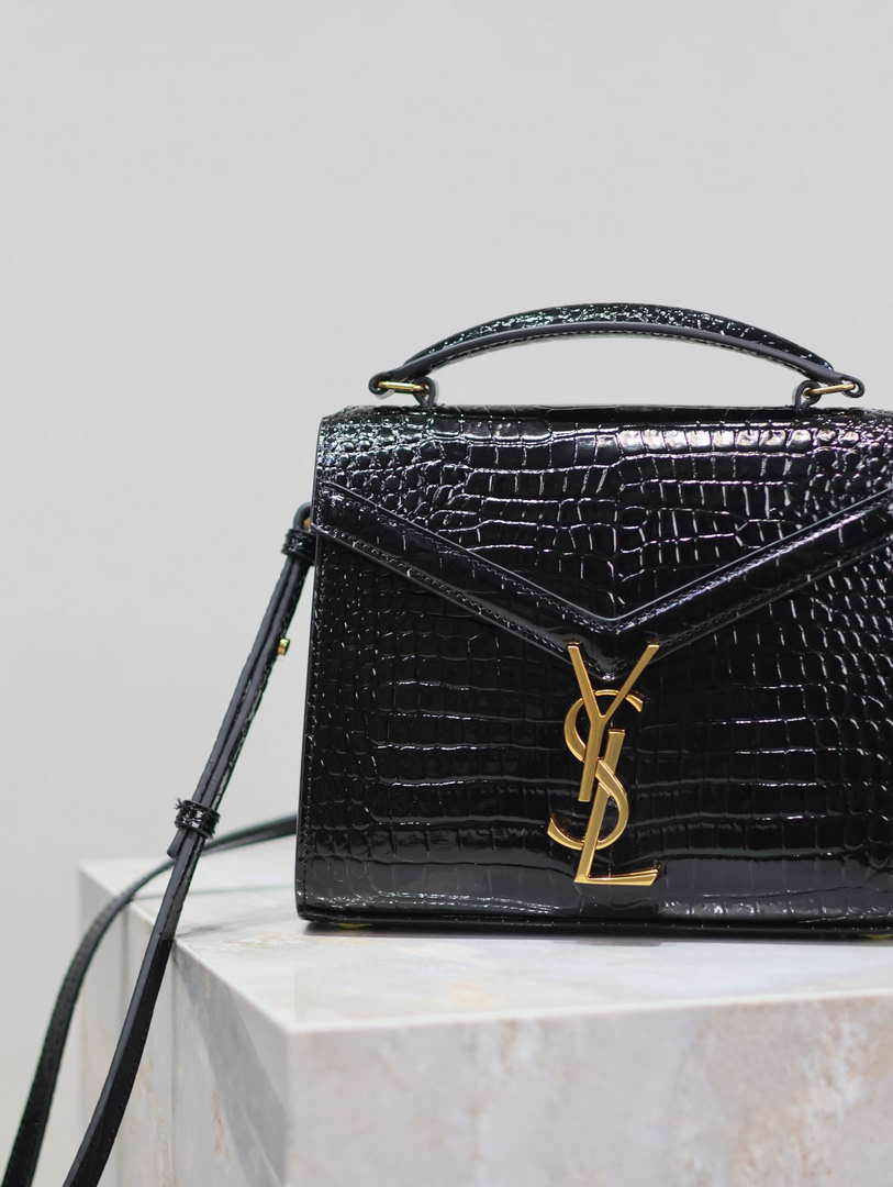 YSL 623930 Cassandra Mini Top Handle Bag In Crocodile pattern Leather Black