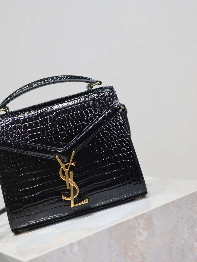 YSL 623930 Cassandra Mini Top Handle Bag In Crocodile pattern Leather Black