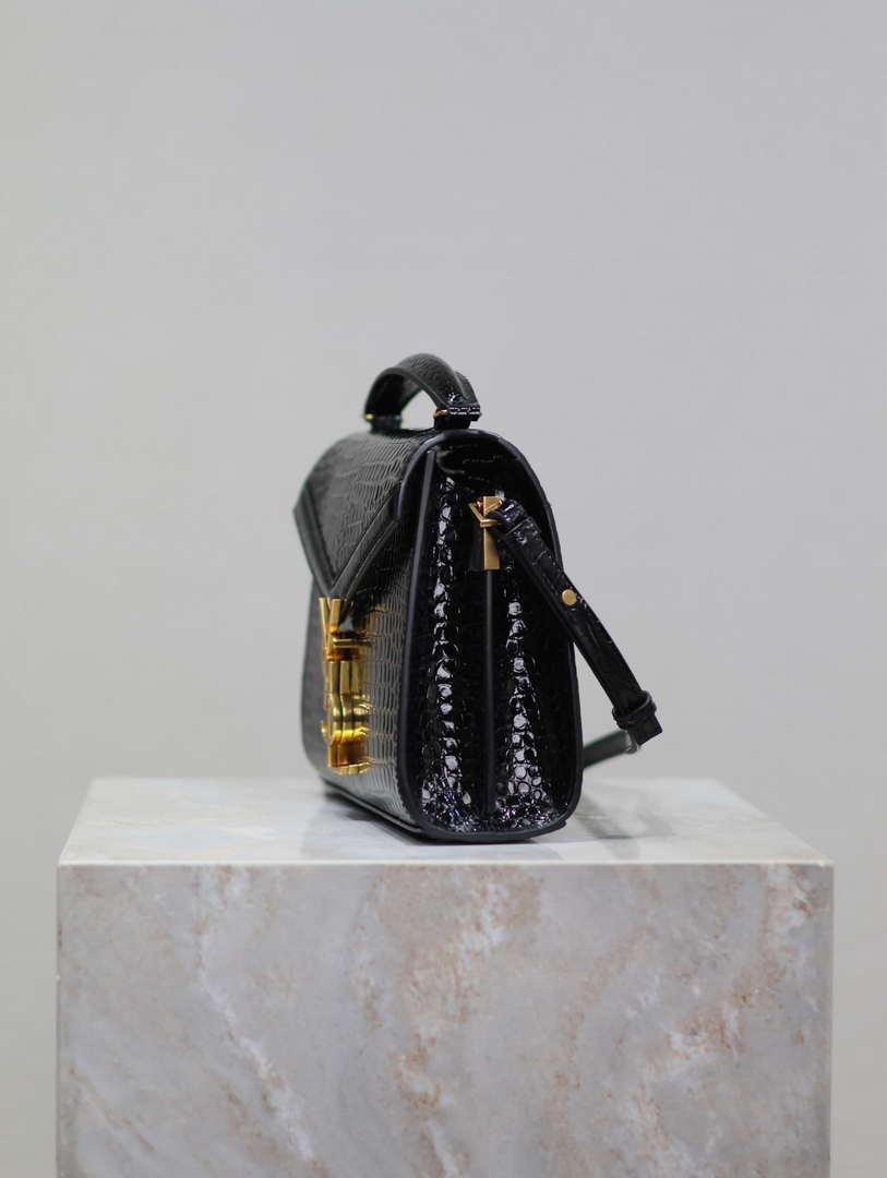 YSL 623930 Cassandra Mini Top Handle Bag In Crocodile pattern Leather Black