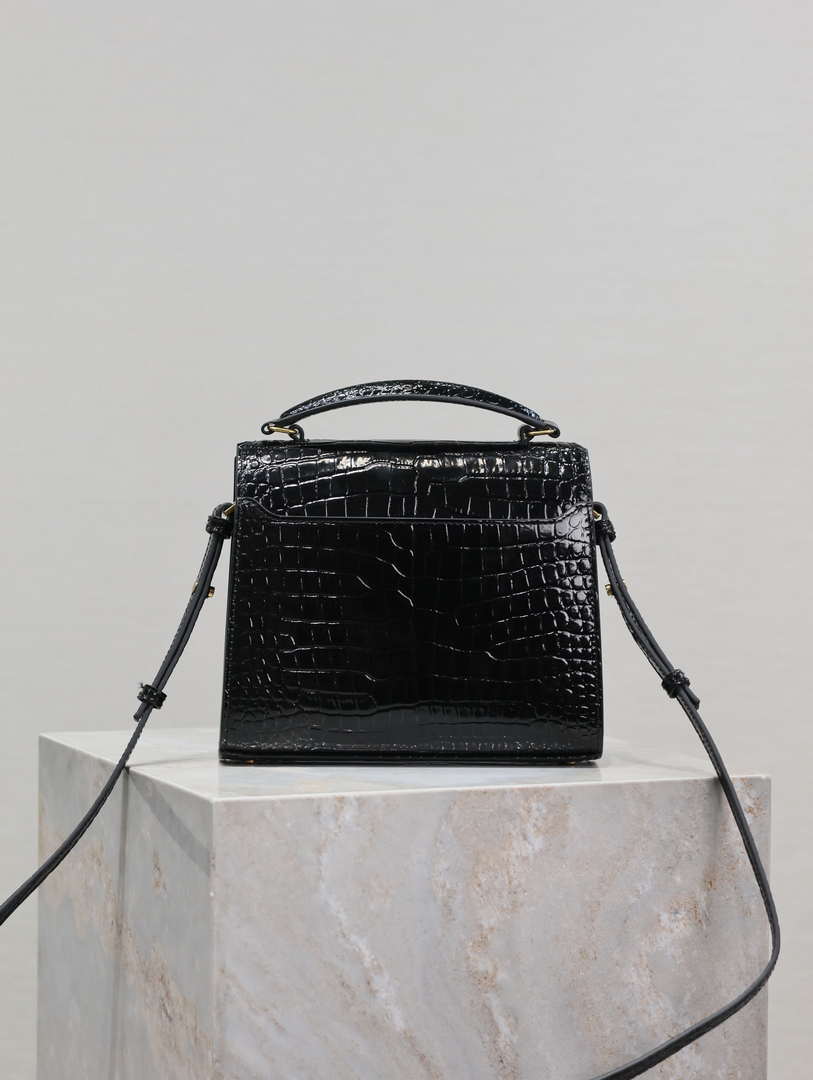 YSL 623930 Cassandra Mini Top Handle Bag In Crocodile pattern Leather Black