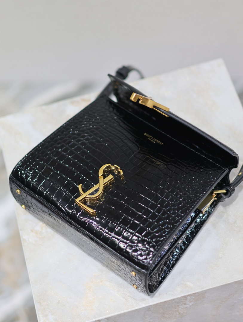 YSL 623930 Cassandra Mini Top Handle Bag In Crocodile pattern Leather Black