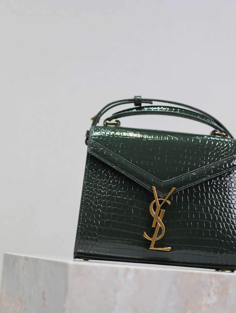 YSL 623930 Cassandra Mini Top Handle Bag In Crocodile pattern Leather Green