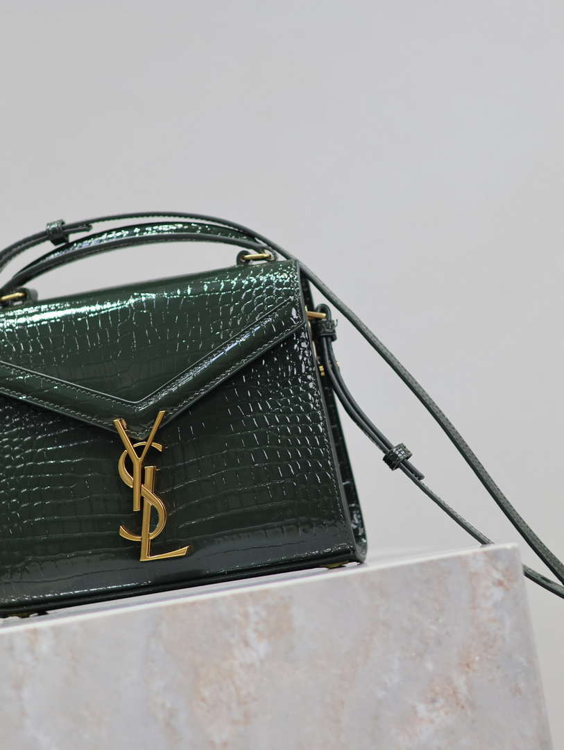 YSL 623930 Cassandra Mini Top Handle Bag In Crocodile pattern Leather Green