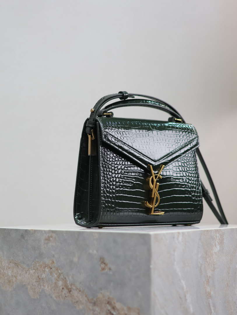 YSL 623930 Cassandra Mini Top Handle Bag In Crocodile pattern Leather Green