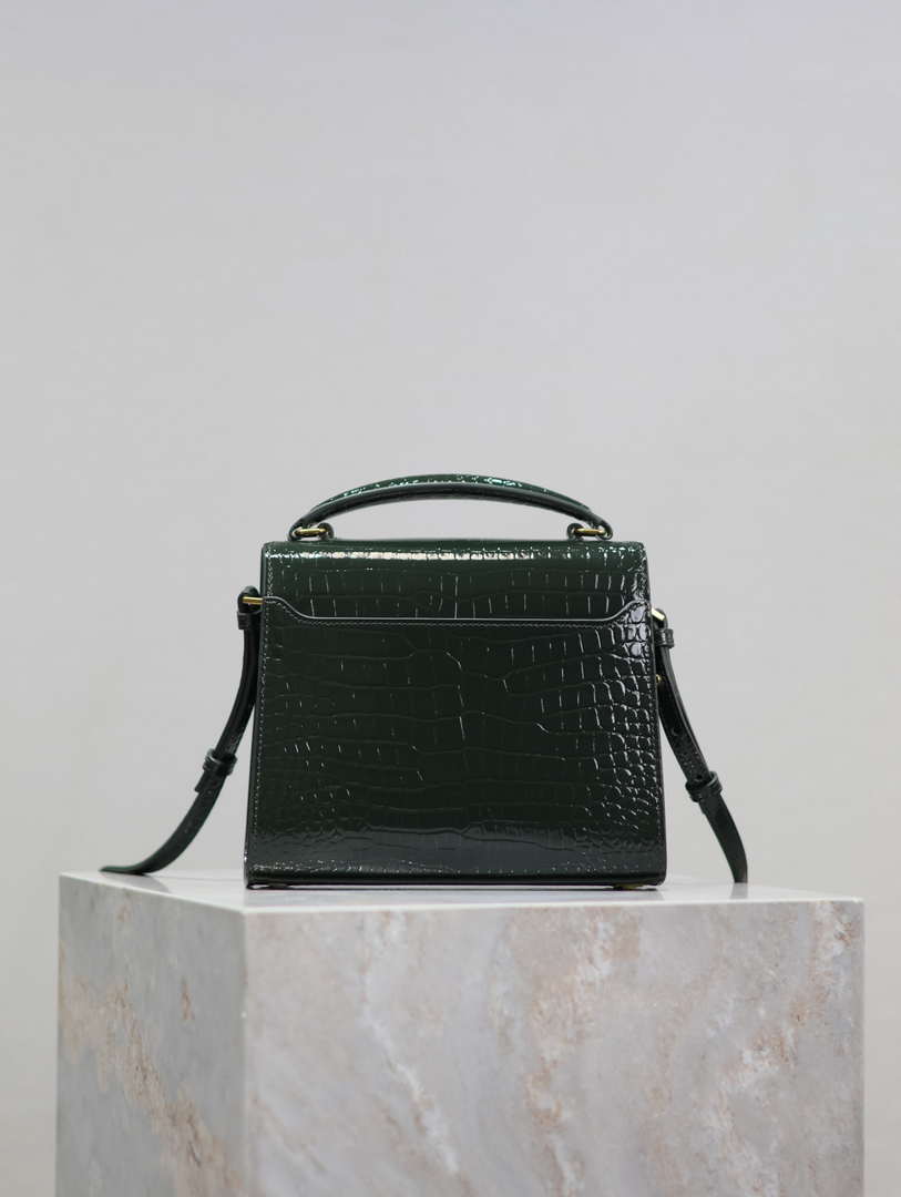 YSL 623930 Cassandra Mini Top Handle Bag In Crocodile pattern Leather Green