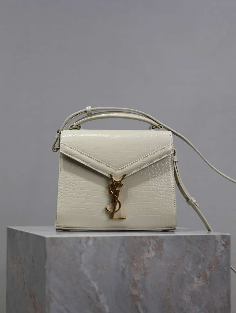 YSL 623930 Cassandra Mini Top Handle Bag In Crocodile pattern Leather White