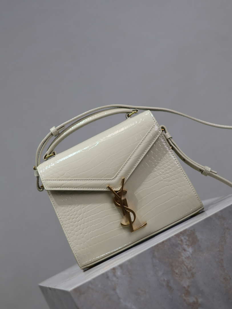 YSL 623930 Cassandra Mini Top Handle Bag In Crocodile pattern Leather White