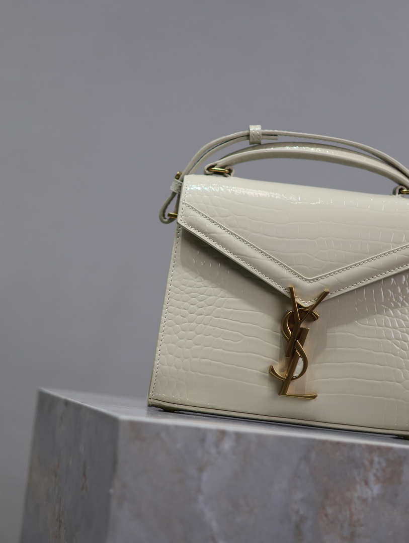 YSL 623930 Cassandra Mini Top Handle Bag In Crocodile pattern Leather White