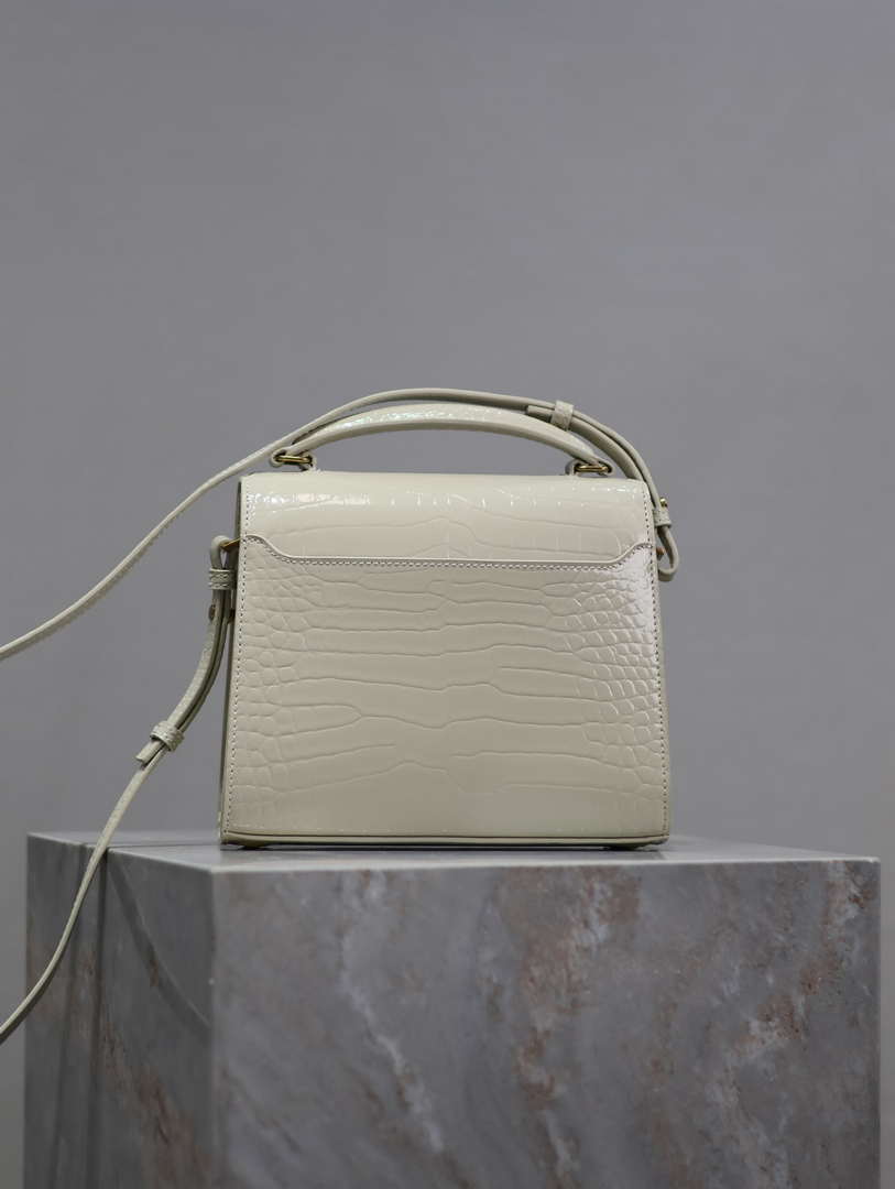 YSL 623930 Cassandra Mini Top Handle Bag In Crocodile pattern Leather White