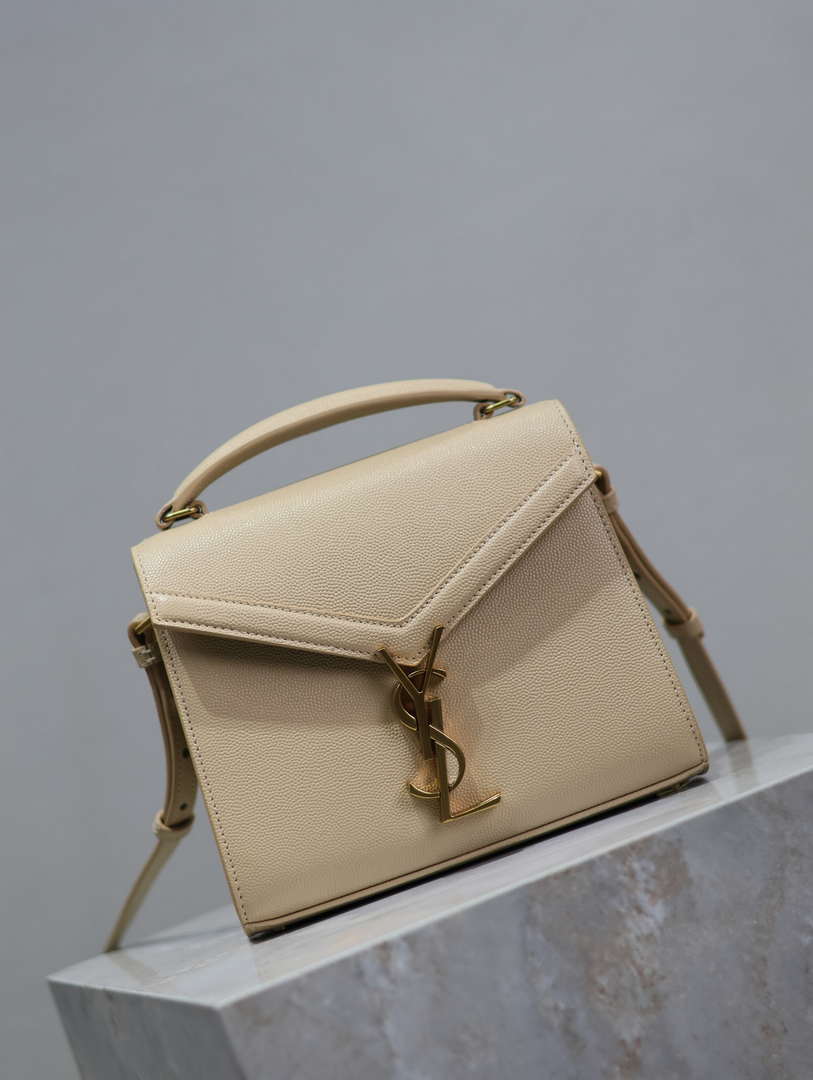 YSL 623930 Cassandra Mini Top Handle Bag In Grain De Poudre Embossed Leather Apricot