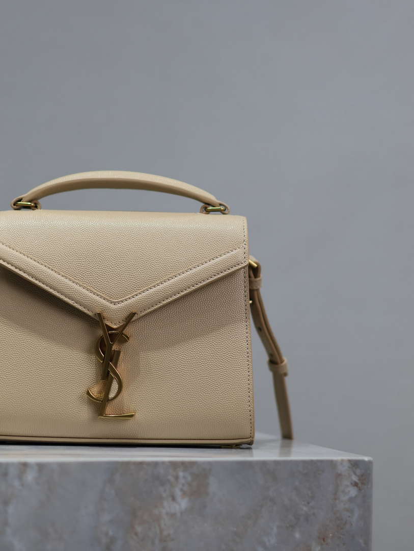 YSL 623930 Cassandra Mini Top Handle Bag In Grain De Poudre Embossed Leather Apricot