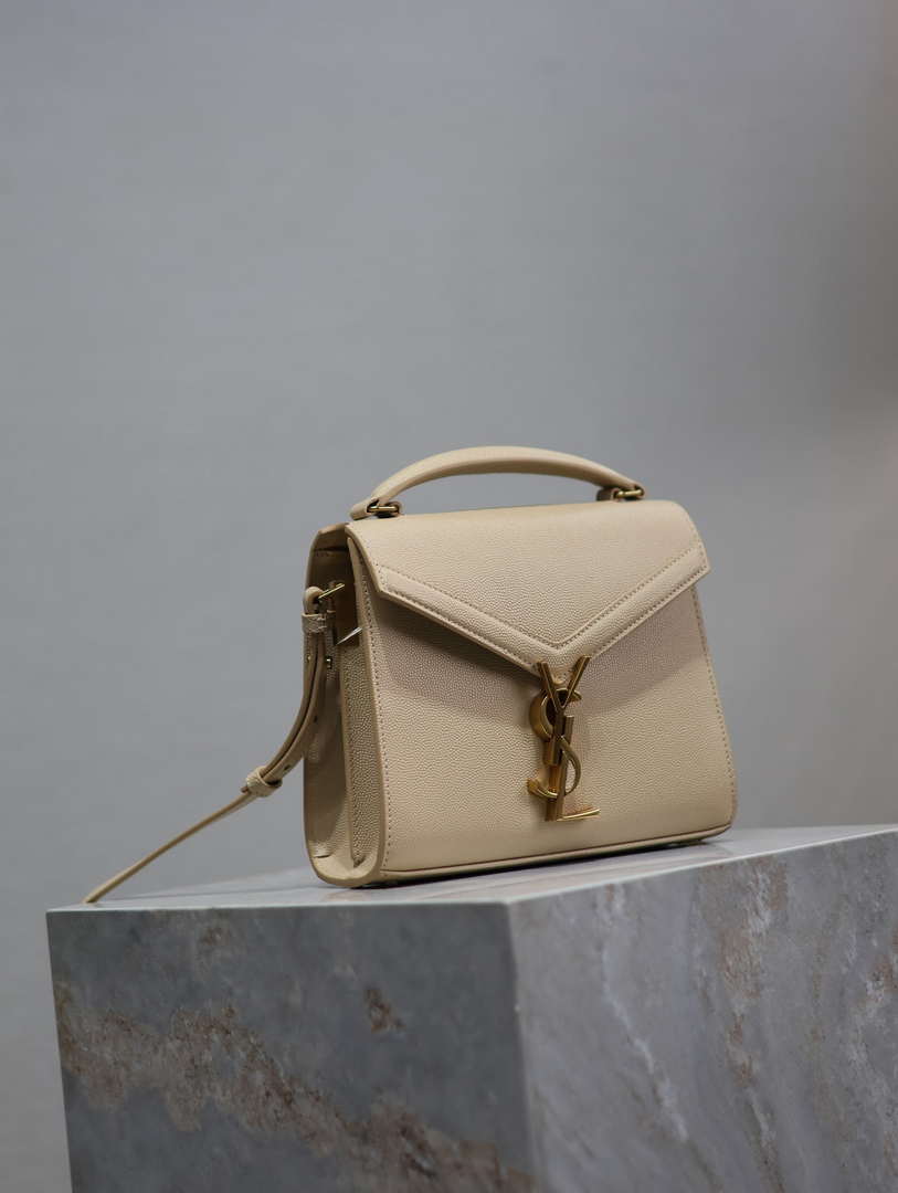 YSL 623930 Cassandra Mini Top Handle Bag In Grain De Poudre Embossed Leather Apricot