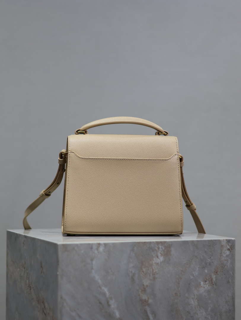 YSL 623930 Cassandra Mini Top Handle Bag In Grain De Poudre Embossed Leather Apricot
