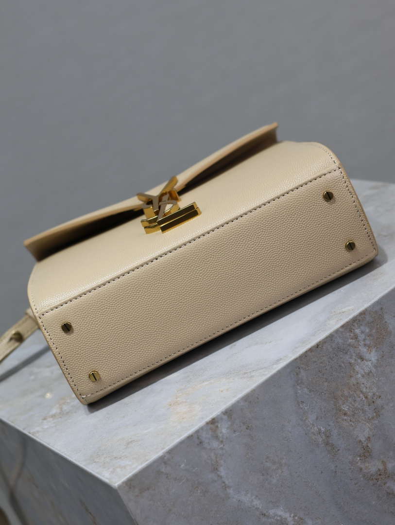 YSL 623930 Cassandra Mini Top Handle Bag In Grain De Poudre Embossed Leather Apricot