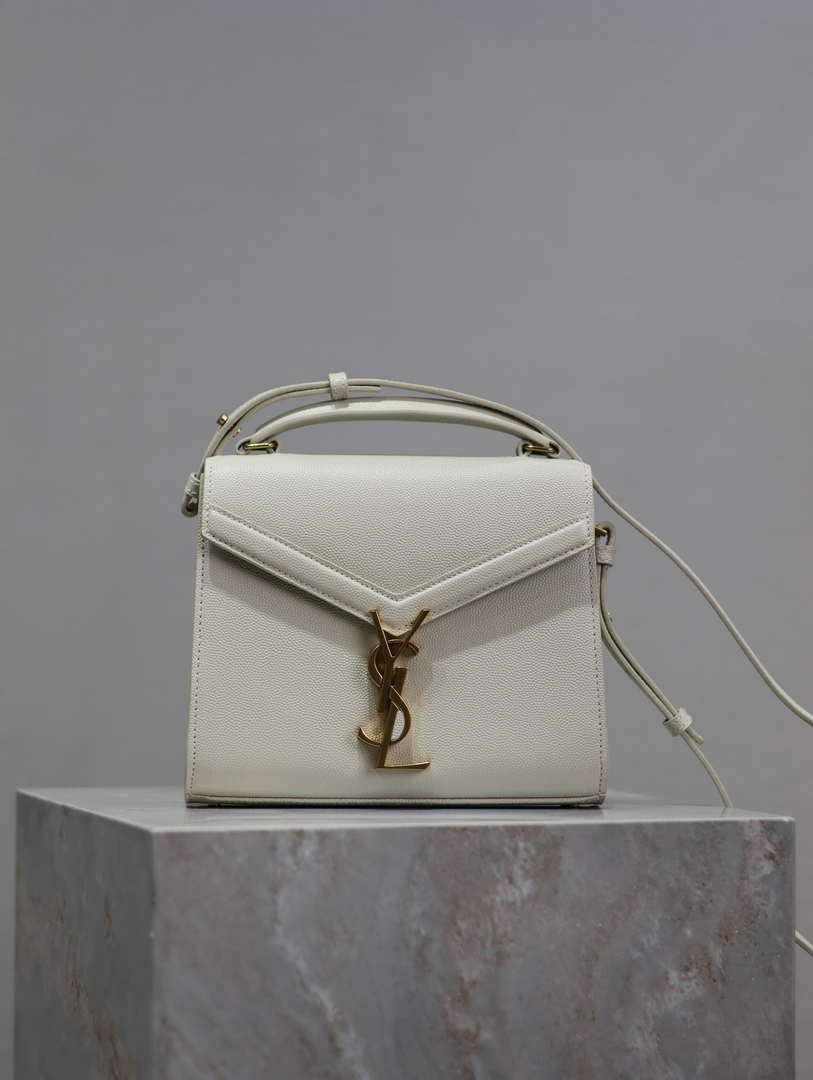 YSL 623930 Cassandra Mini Top Handle Bag In Grain De Poudre Embossed Leather White