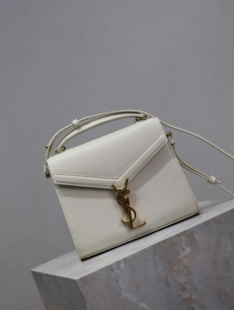 YSL 623930 Cassandra Mini Top Handle Bag In Grain De Poudre Embossed Leather White